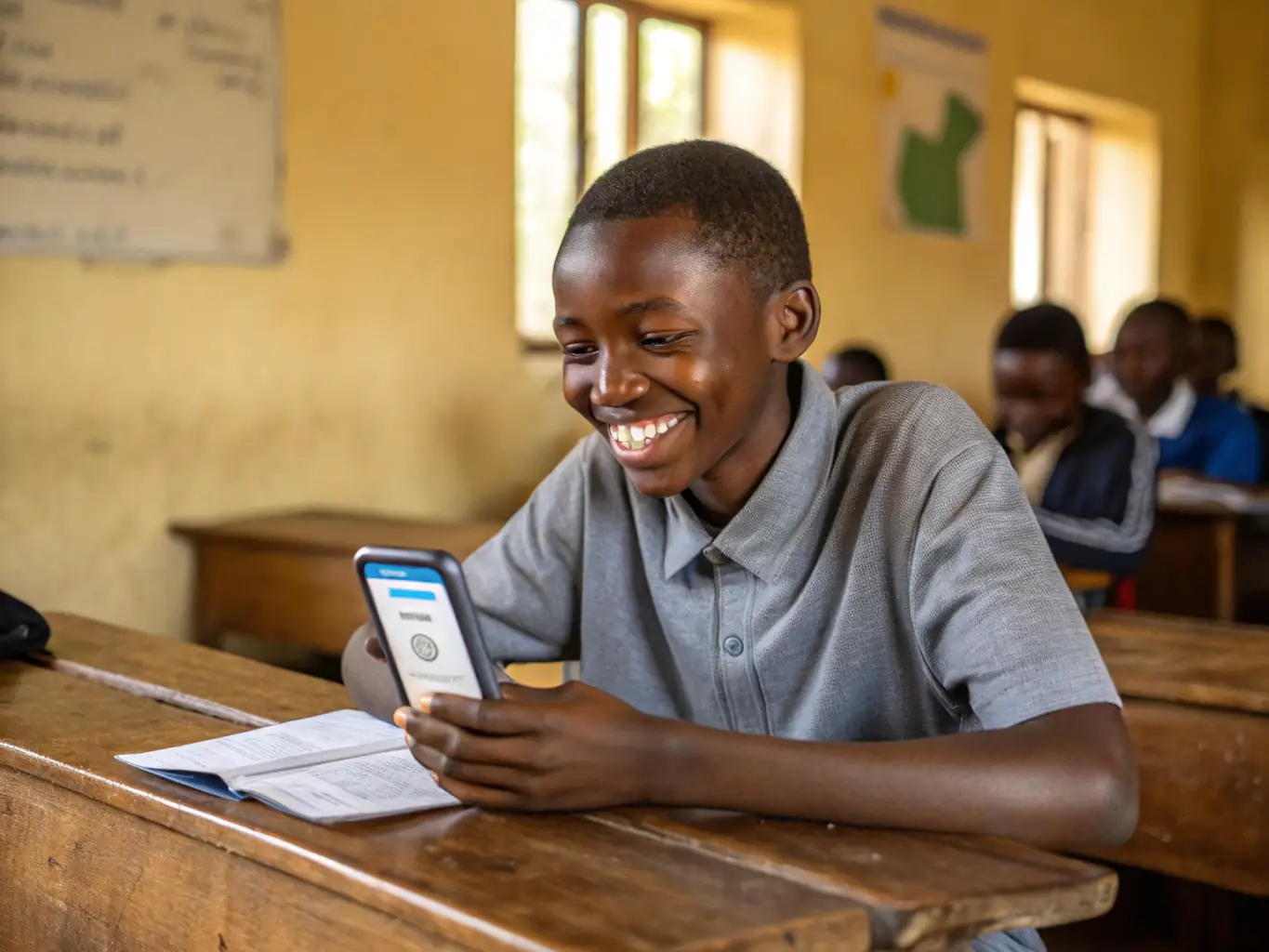 A student is shown smiling confidently while interacting with the Bakame app, highlighting the personalized learning experience and positive impact on their education.