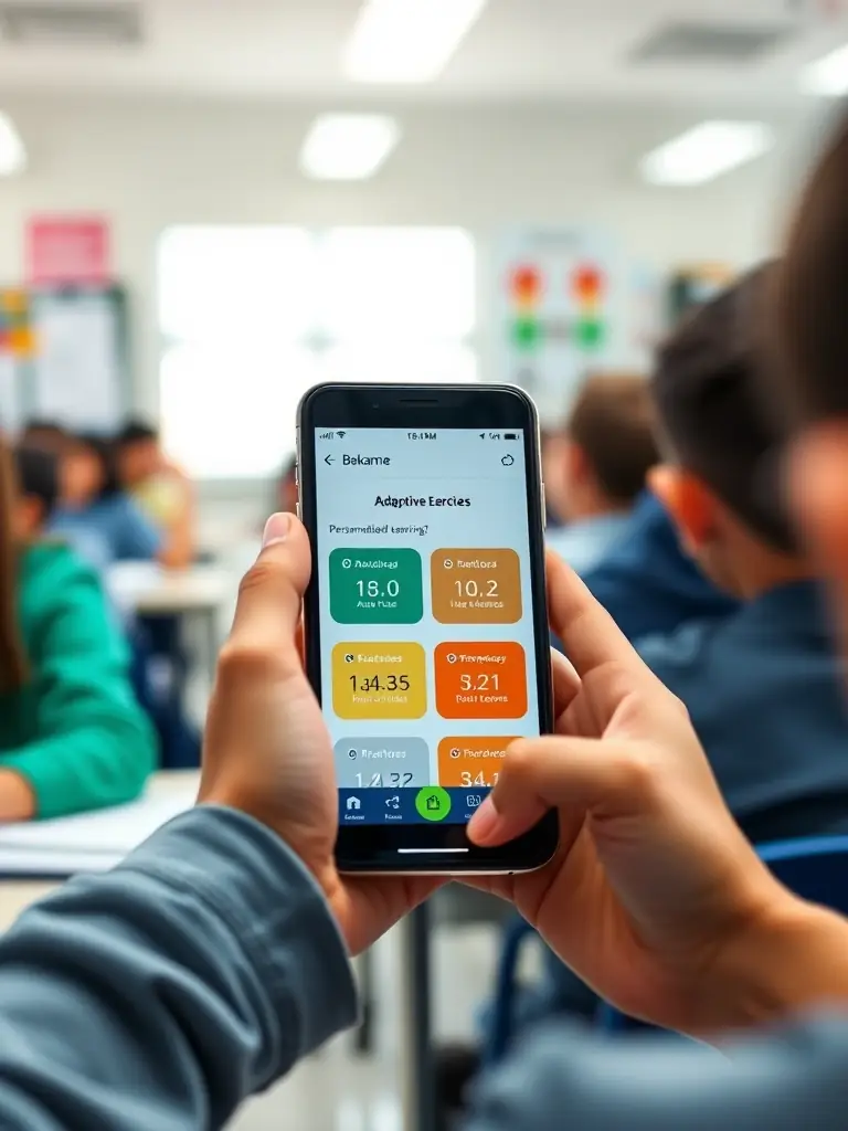 A close-up shot of a student using the Bakame app on a smartphone, focusing on the adaptive learning interface with personalized exercises.