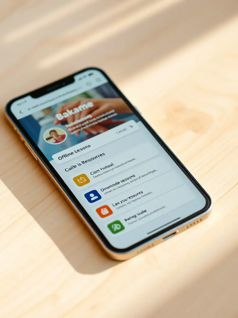 A screenshot of the Bakame app interface, showcasing its offline functionality with a clear indication of downloaded lessons and resources.
